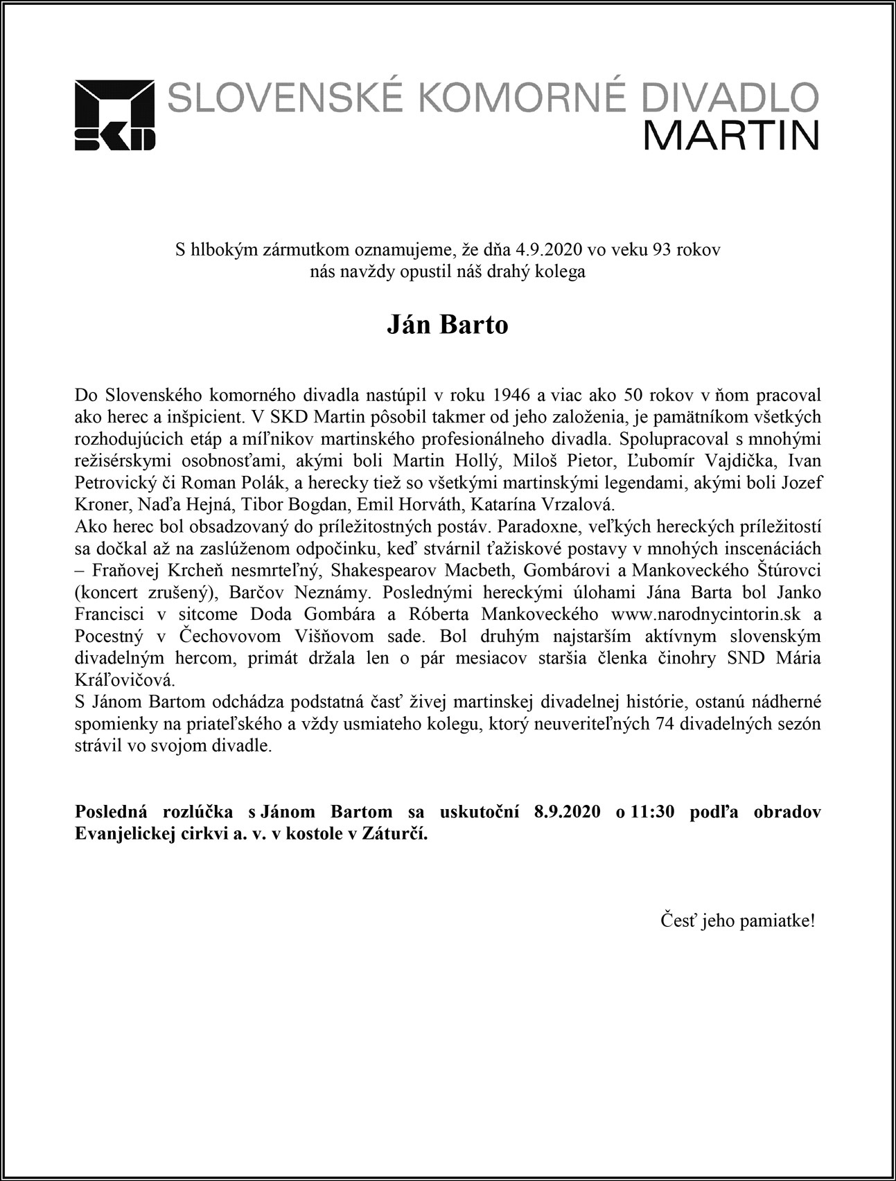 Opustil nás Ján Barto