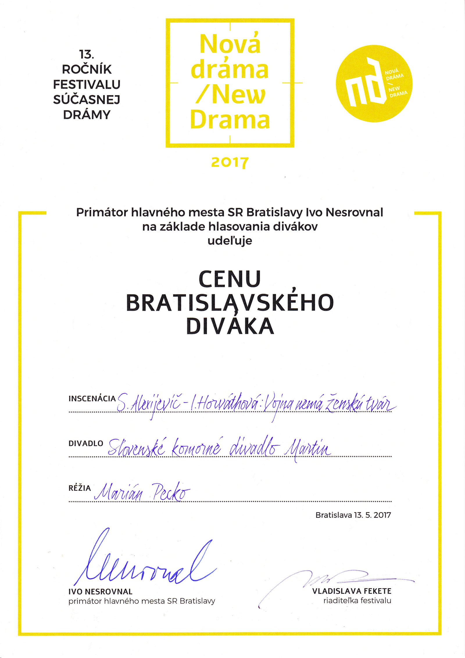 Nova drama 2017 - SKD Martin - Vojna nemá ženskú tvár - Cena diváka