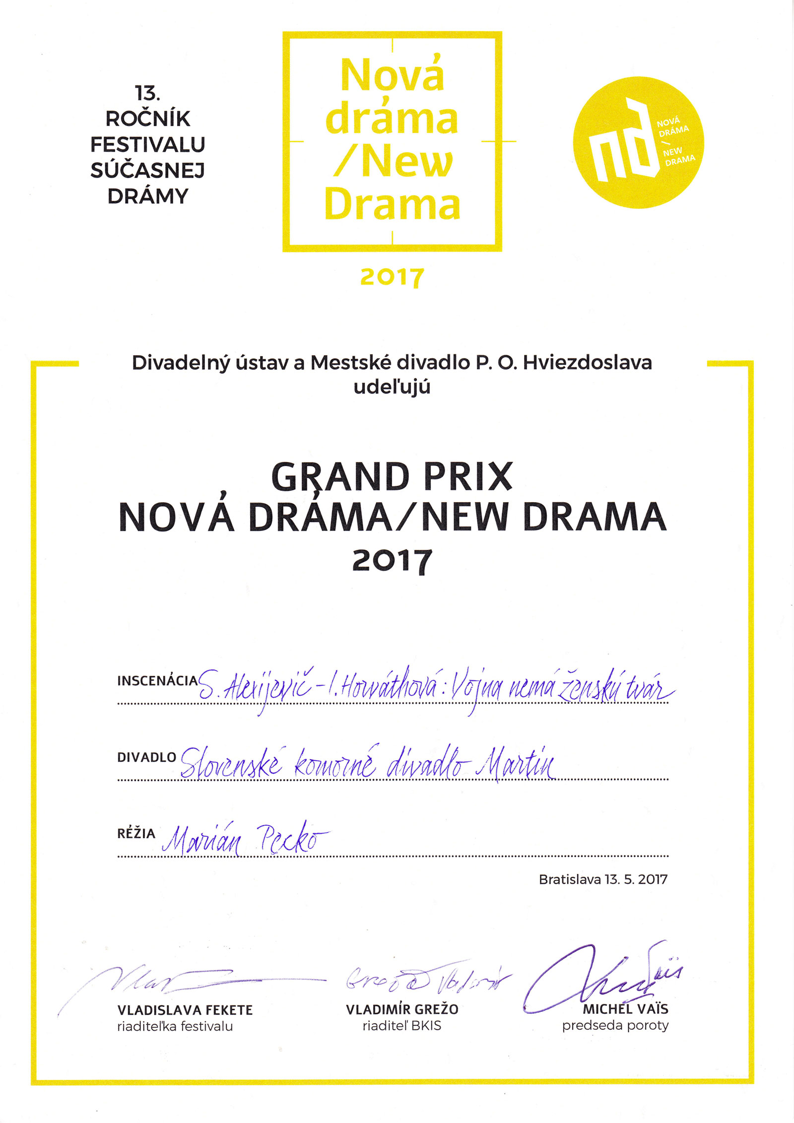 Nova drama 2017 - SKD Martin - Vojna nemá ženskú tvár - Grand prix